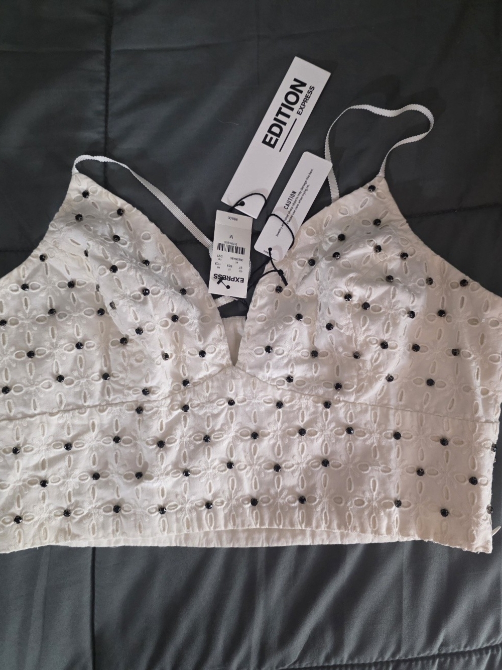 Express Edition White Eyelet Cami with Black Bead Accents